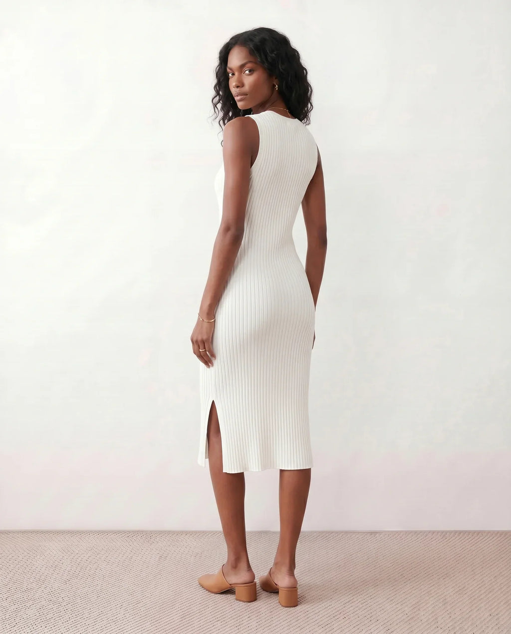 Raina Rib Knit Sleeveless Bodycon Slit Midi Dress - White