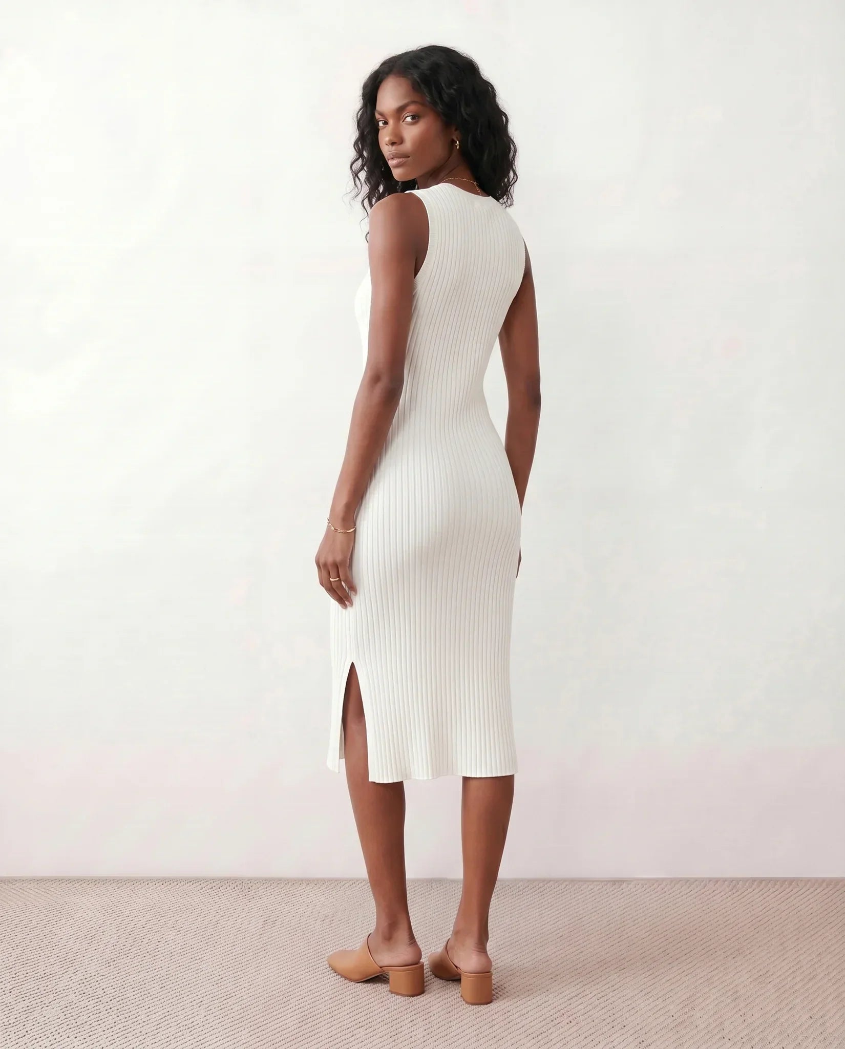 Raina Rib Knit Sleeveless Bodycon Slit Midi Dress - White