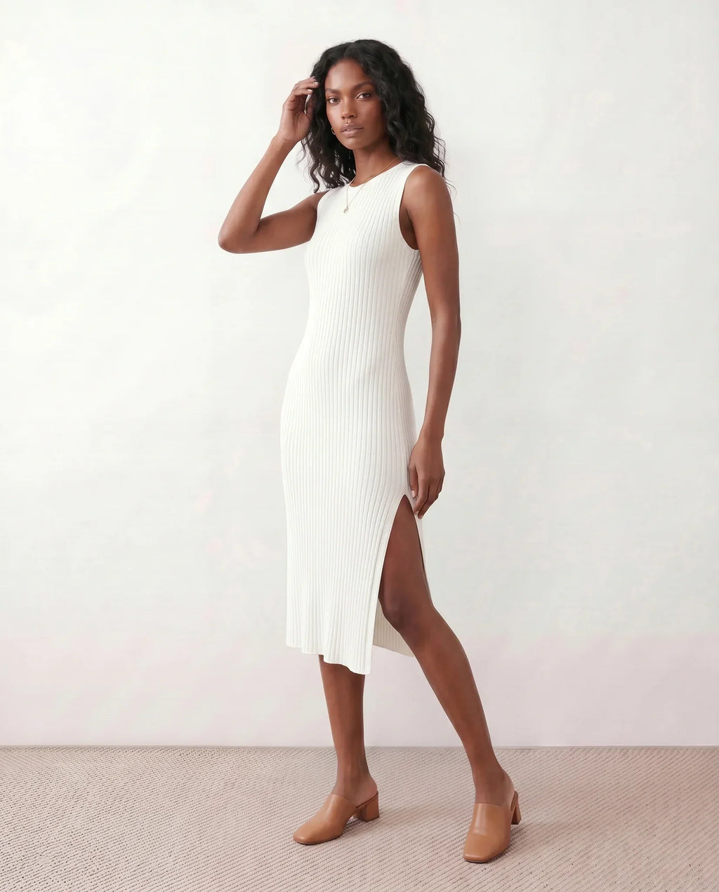 Raina Rib Knit Sleeveless Bodycon Slit Midi Dress - White