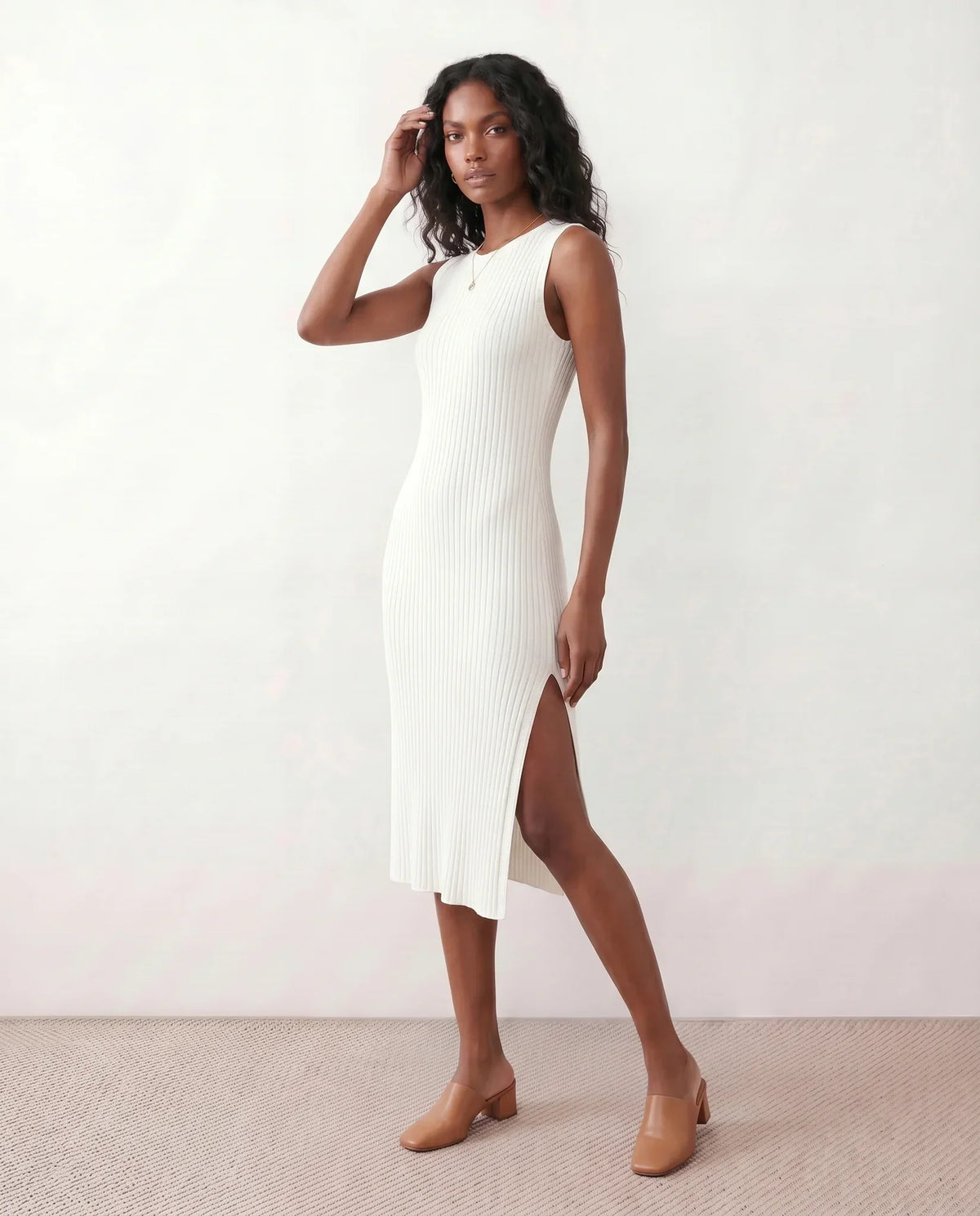Raina Rib Knit Sleeveless Bodycon Slit Midi Dress - White