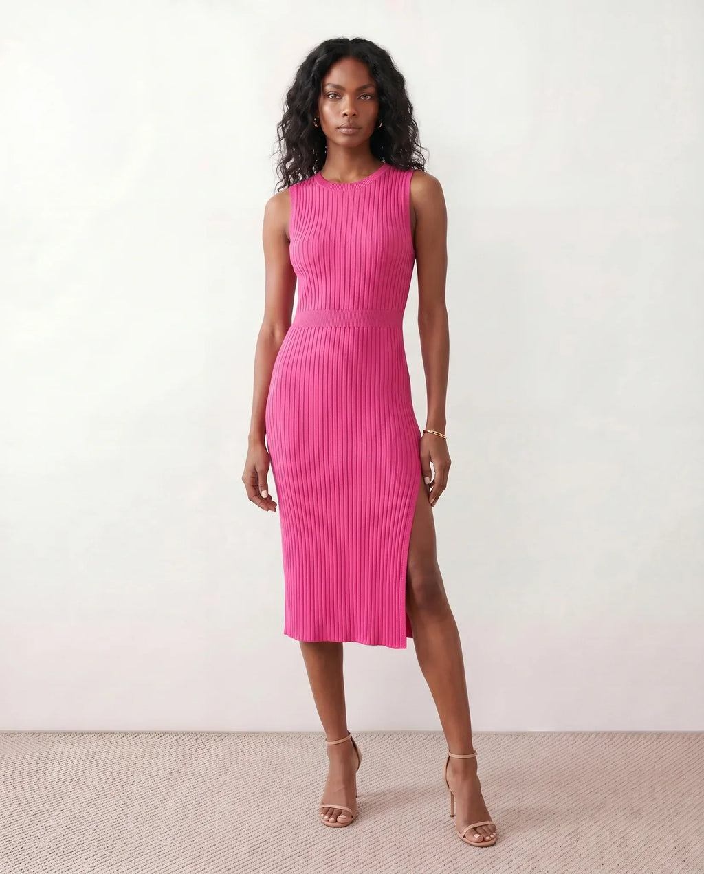 Raina Rib Knit Sleeveless Bodycon Slit Midi Dress - Pink