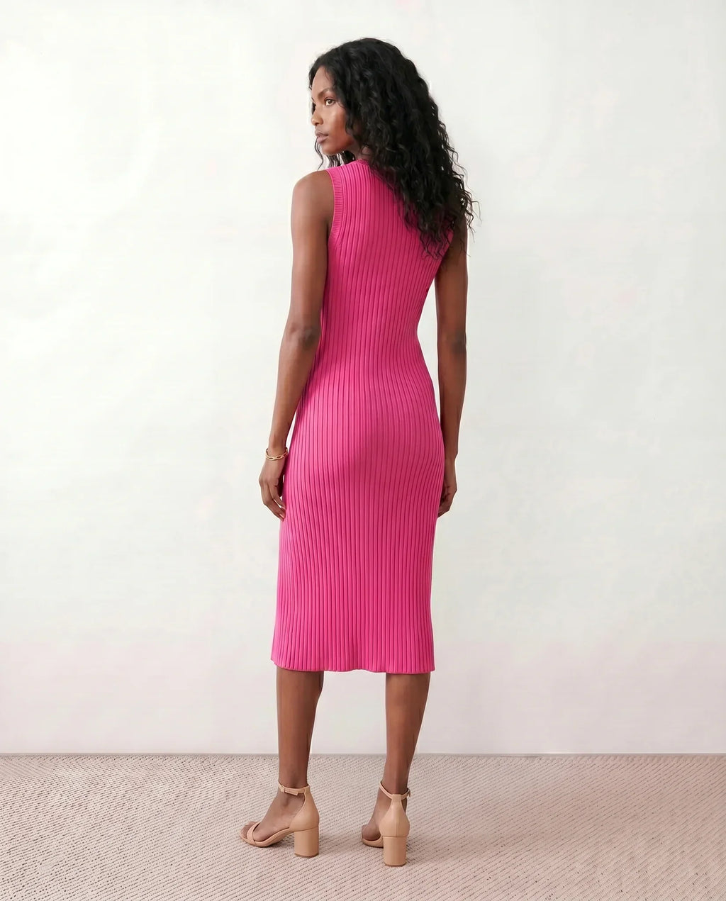 Raina Rib Knit Sleeveless Bodycon Slit Midi Dress - Pink
