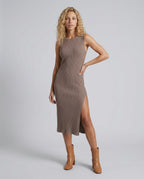 Raina Rib Knit Sleeveless Bodycon Slit Midi Dress - Brown