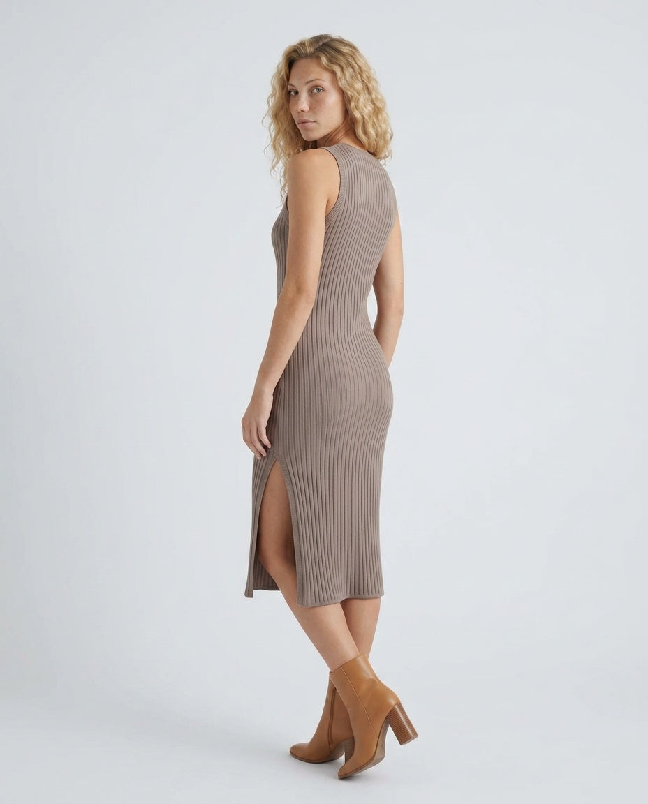 Raina Rib Knit Sleeveless Bodycon Slit Midi Dress - Brown