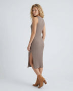 Raina Rib Knit Sleeveless Bodycon Slit Midi Dress - Brown