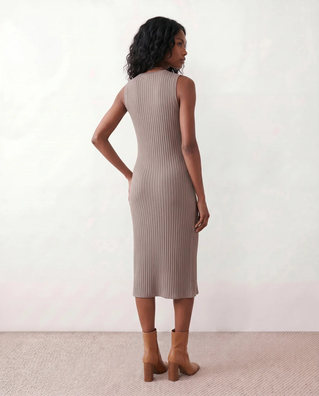 Raina Rib Knit Sleeveless Bodycon Slit Midi Dress - Brown