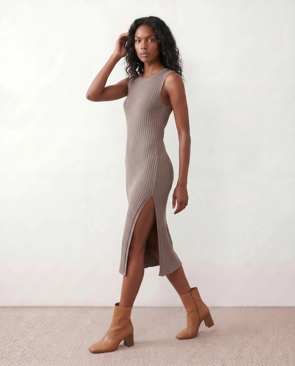Raina Rib Knit Sleeveless Bodycon Slit Midi Dress - Brown