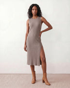 Raina Rib Knit Sleeveless Bodycon Slit Midi Dress - Brown