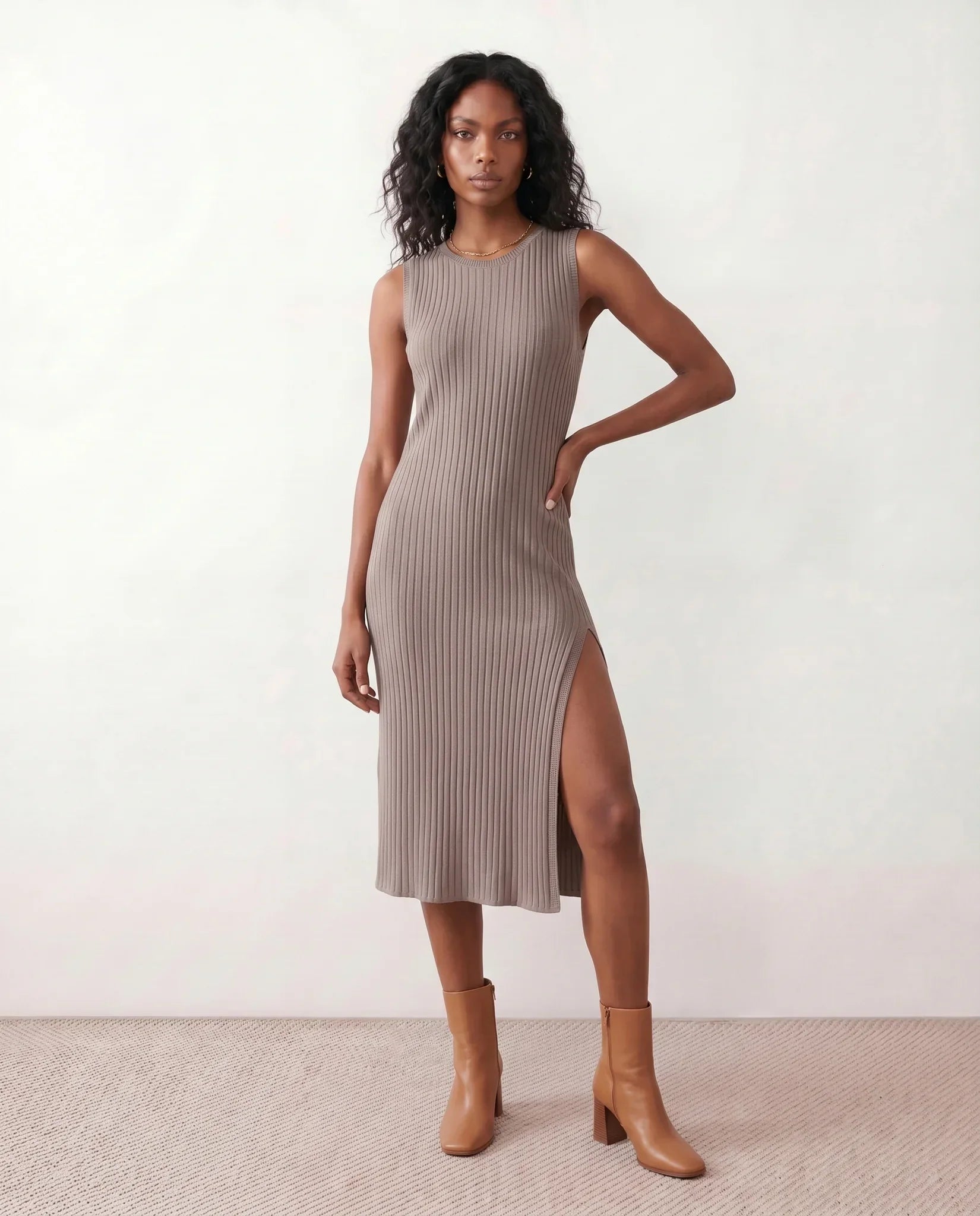 Raina Rib Knit Sleeveless Bodycon Slit Midi Dress - Brown