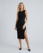 Raina Rib Knit Sleeveless Bodycon Slit Midi Dress - Black
