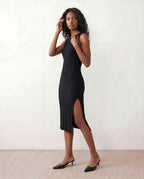 Raina Rib Knit Sleeveless Bodycon Slit Midi Dress - Black