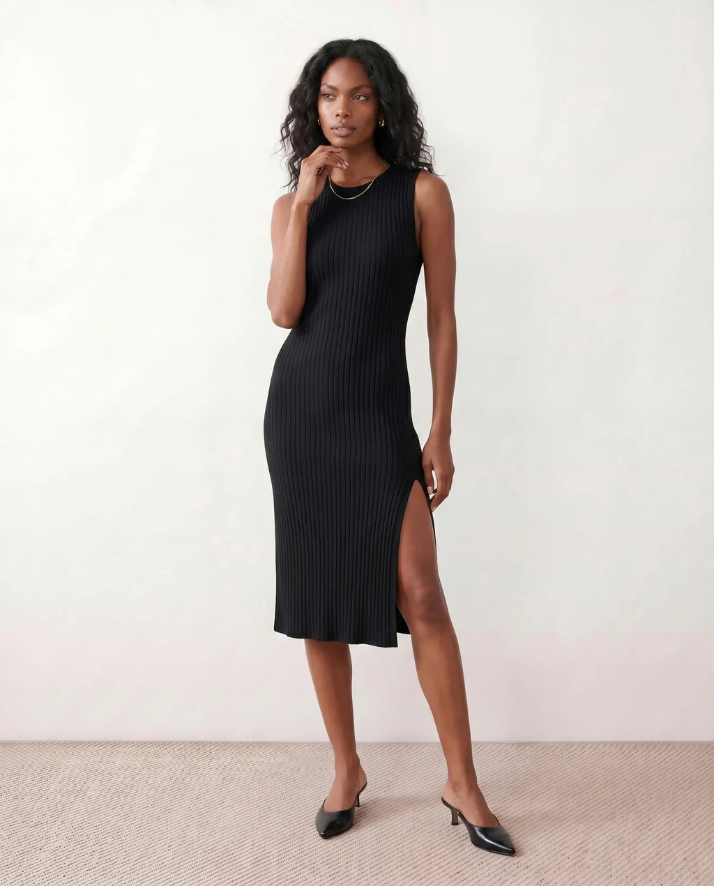 Raina Rib Knit Sleeveless Bodycon Slit Midi Dress - Black