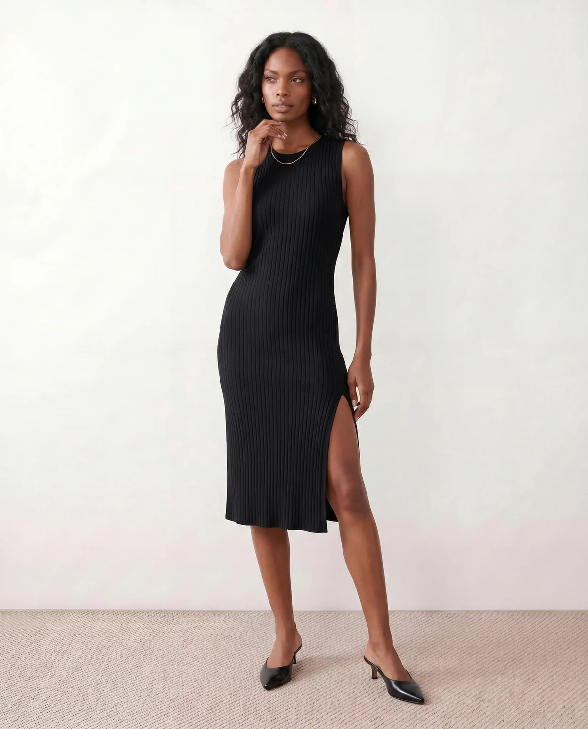 Raina Rib Knit Sleeveless Bodycon Slit Midi Dress - Black