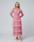 Rebekah Lace Overlay Tiered Long Sleeve Maxi Dress - Pink