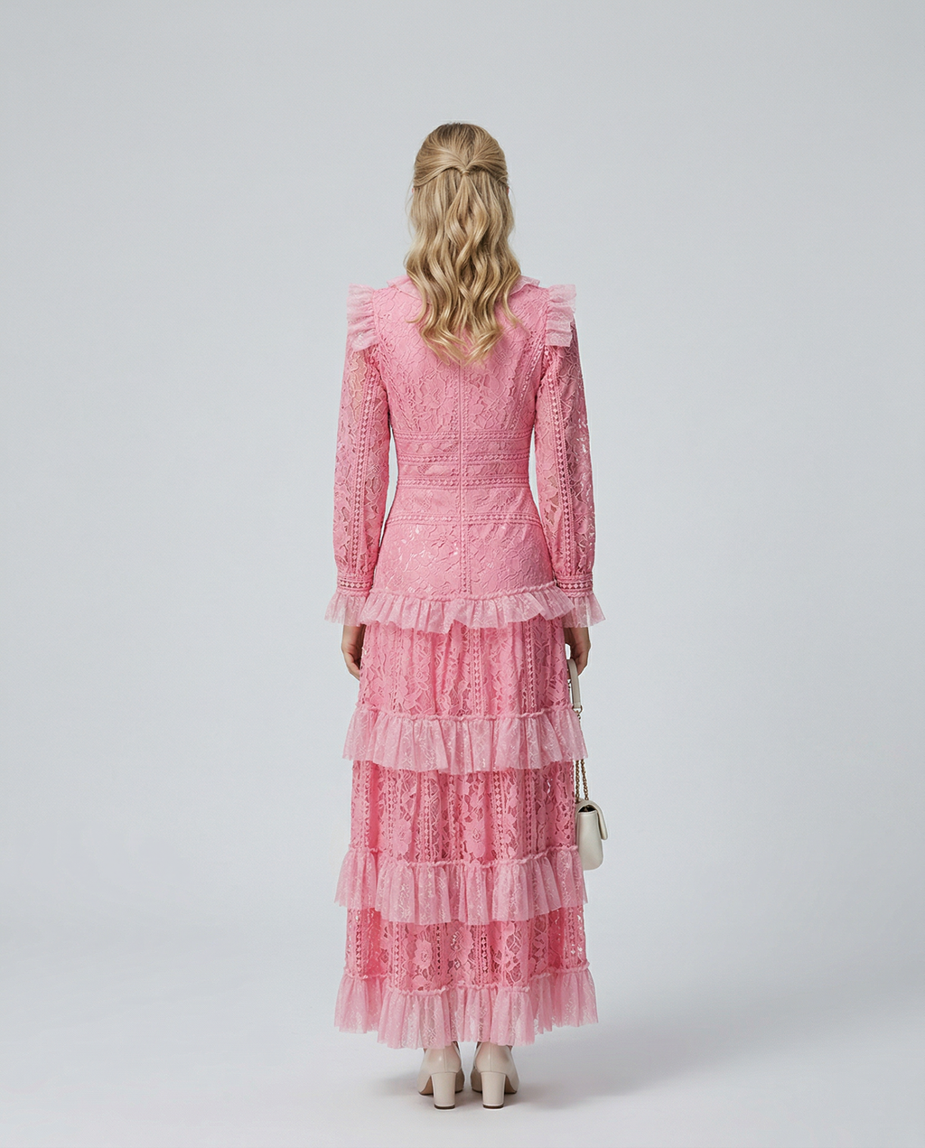 Rebekah Lace Overlay Tiered Long Sleeve Maxi Dress - Pink