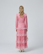 Rebekah Lace Overlay Tiered Long Sleeve Maxi Dress - Pink