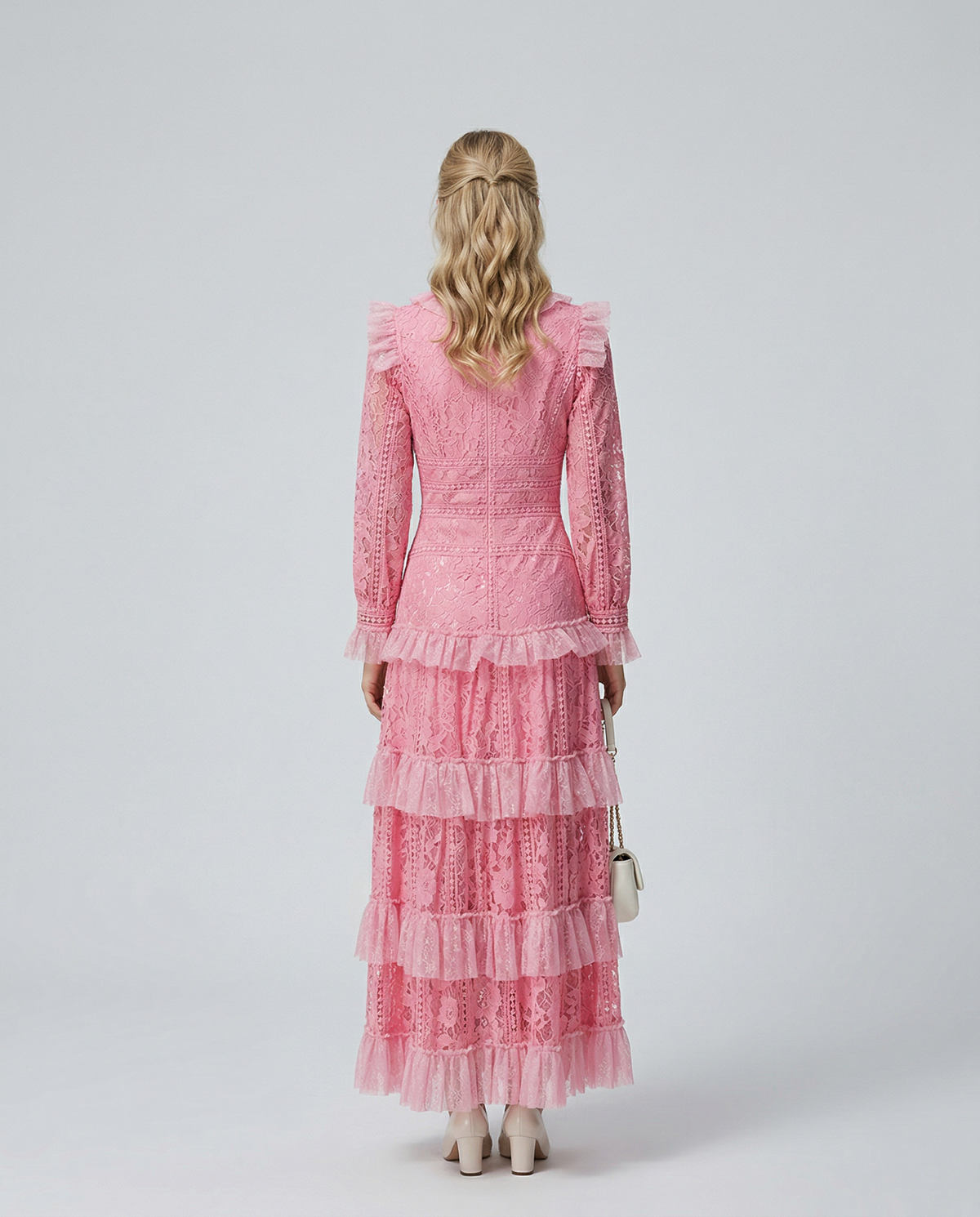 Rebekah Lace Overlay Tiered Long Sleeve Maxi Dress - Pink