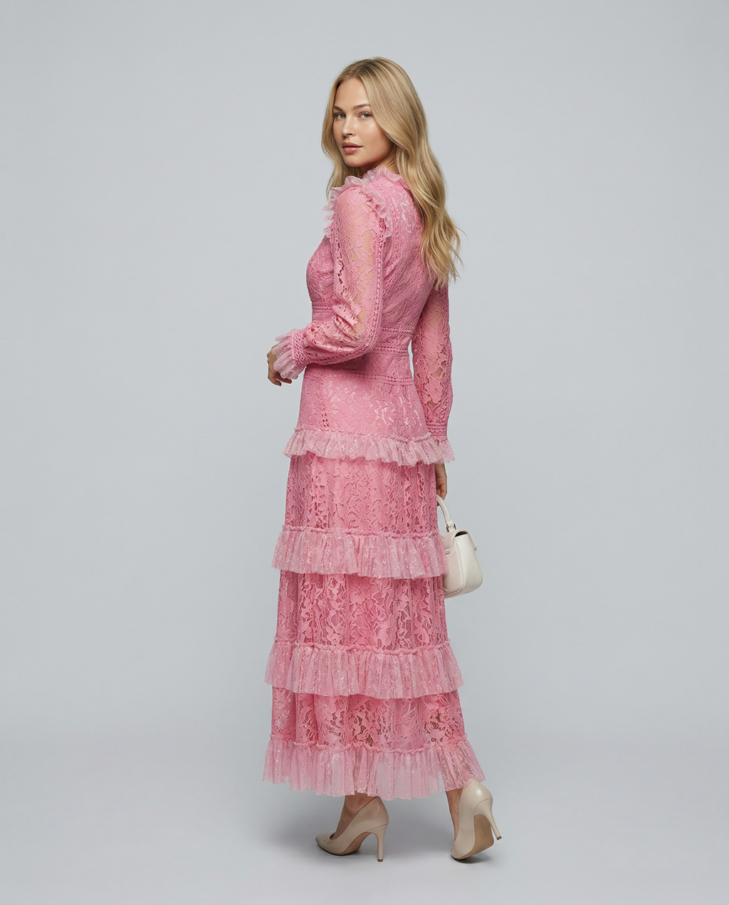 Rebekah Lace Overlay Tiered Long Sleeve Maxi Dress - Pink