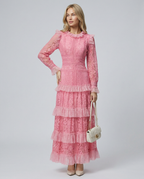 Rebekah Lace Overlay Tiered Long Sleeve Maxi Dress - Pink