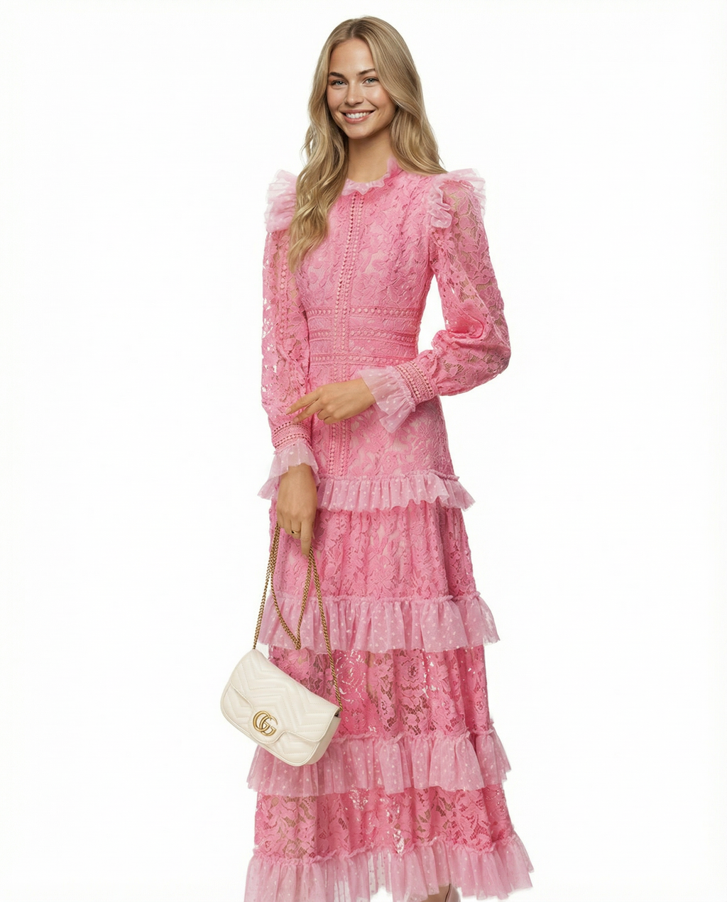 Rebekah Lace Overlay Tiered Long Sleeve Maxi Dress - Pink