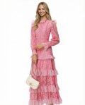 Rebekah Lace Overlay Tiered Long Sleeve Maxi Dress - Pink