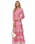 Rebekah Lace Overlay Tiered Long Sleeve Maxi Dress - Pink