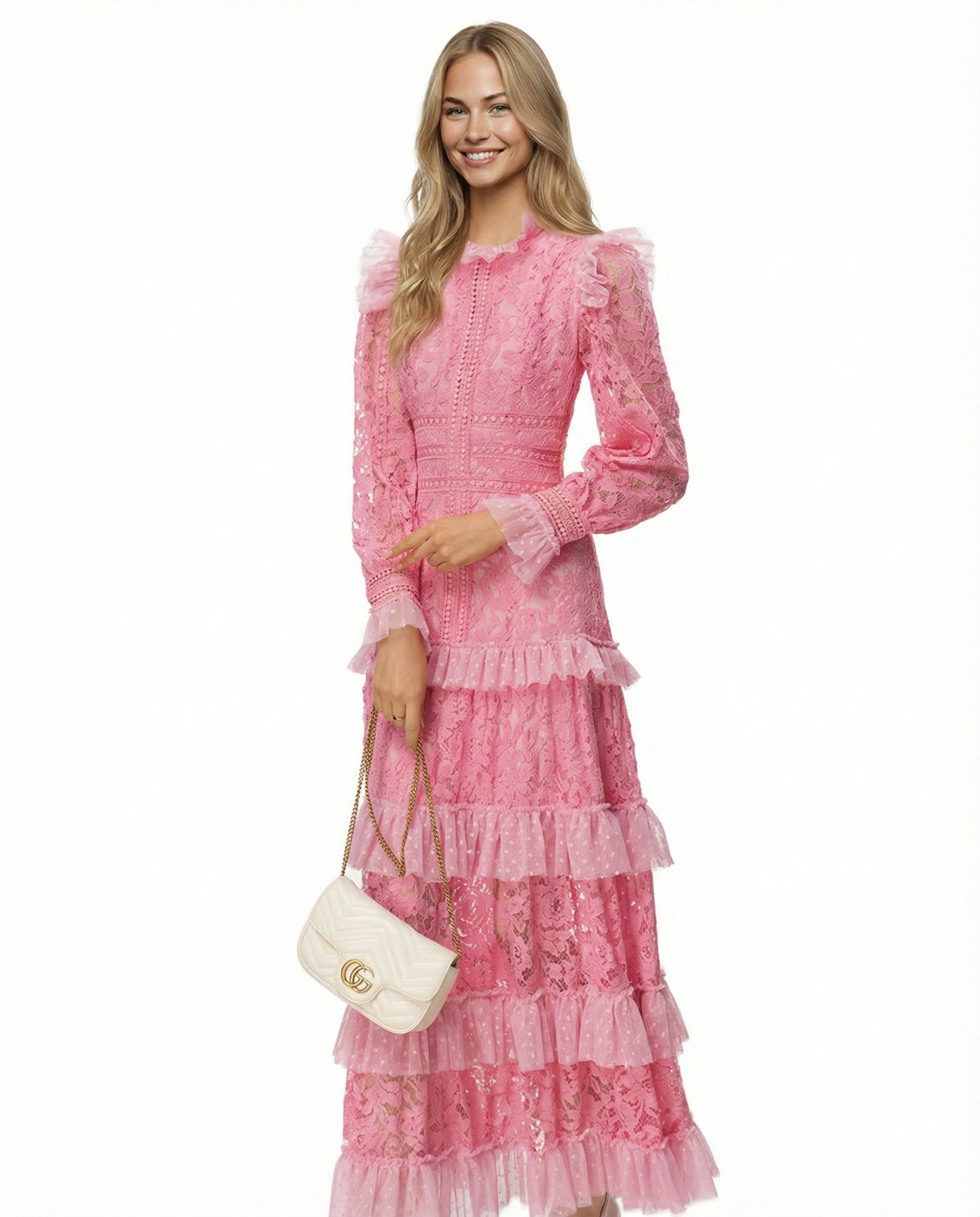 Rebekah Lace Overlay Tiered Long Sleeve Maxi Dress - Pink
