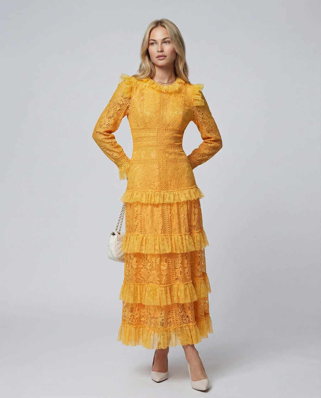 Rebekah Lace Overlay Tiered Long Sleeve Maxi Dress - Yellow