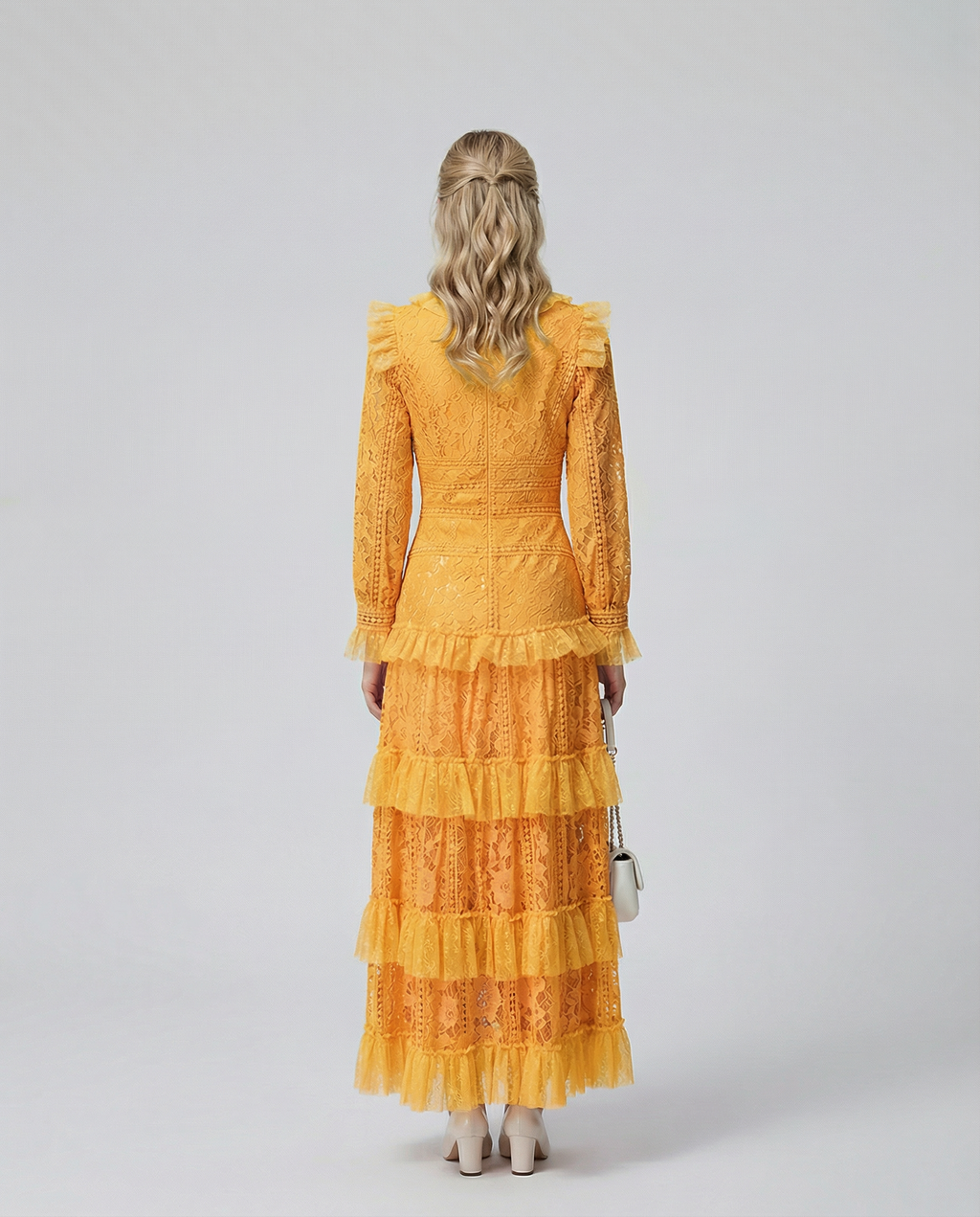 Rebekah Lace Overlay Tiered Long Sleeve Maxi Dress - Yellow