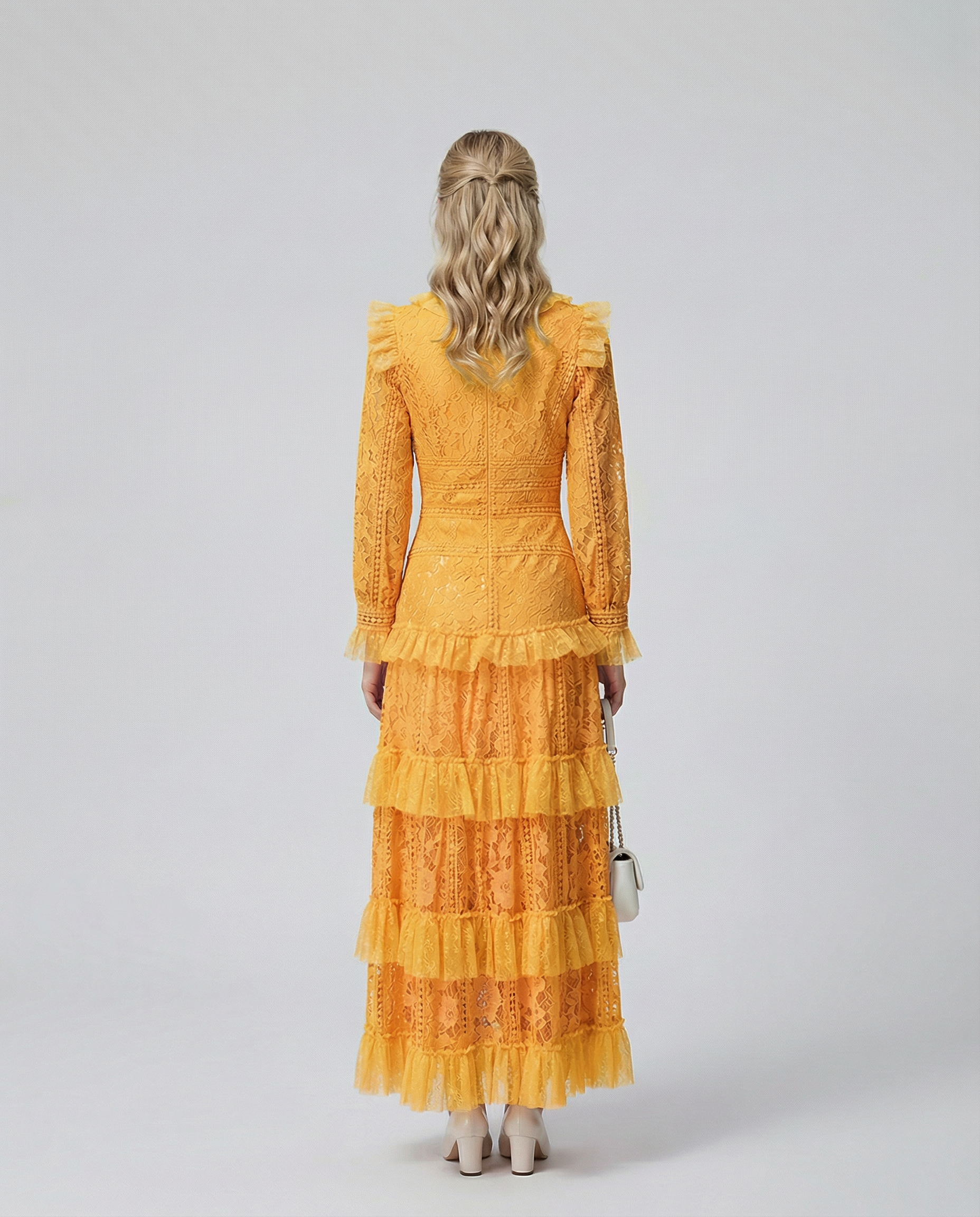 Rebekah Lace Overlay Tiered Long Sleeve Maxi Dress - Yellow