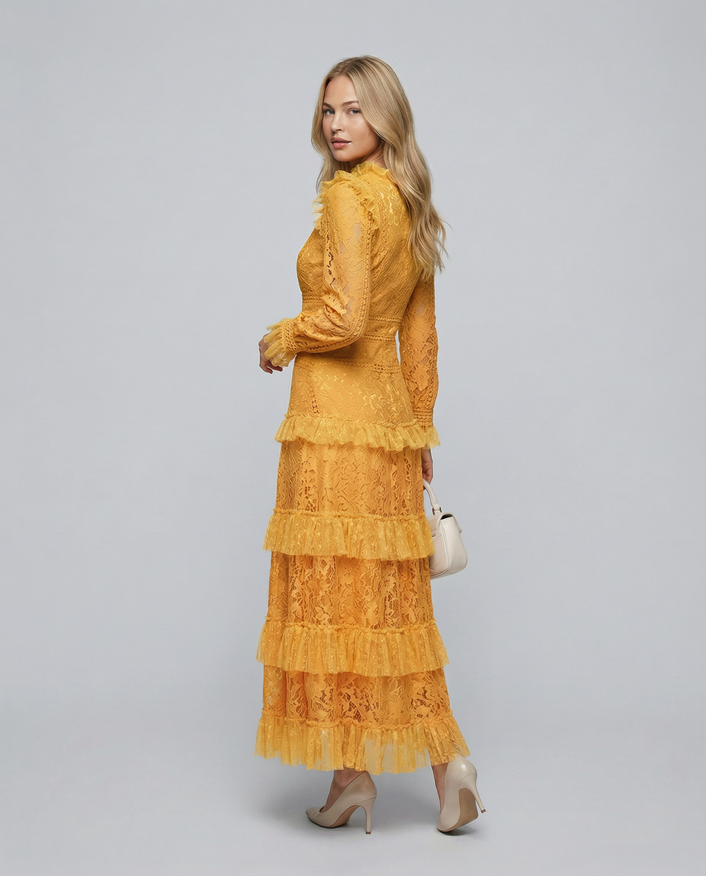 Rebekah Lace Overlay Tiered Long Sleeve Maxi Dress - Yellow