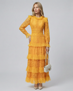 Rebekah Lace Overlay Tiered Long Sleeve Maxi Dress - Yellow