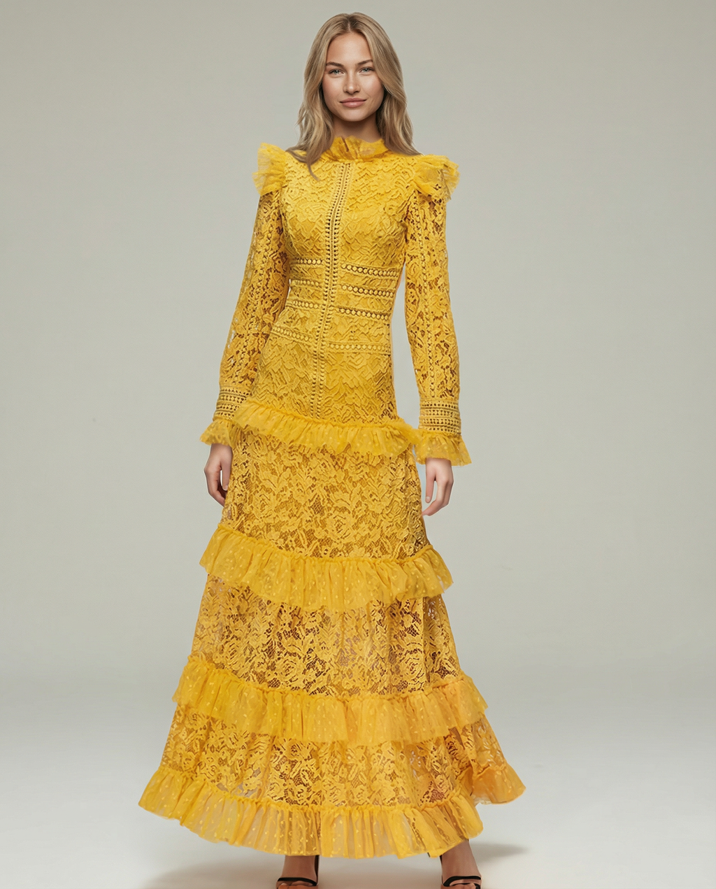 Rebekah Lace Overlay Tiered Long Sleeve Maxi Dress - Yellow