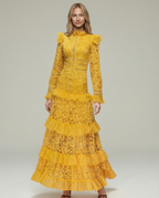 Rebekah Lace Overlay Tiered Long Sleeve Maxi Dress - Yellow