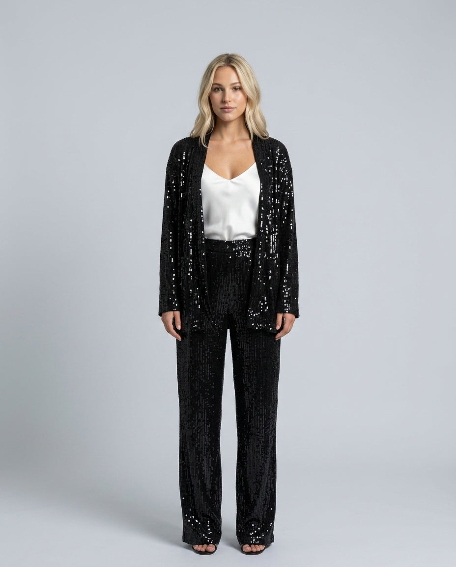 Romilly Longline Sequin Cardigan And Trouser Set - Black