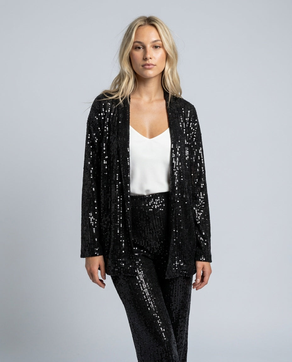 Romilly Longline Sequin Cardigan And Trouser Set - Black