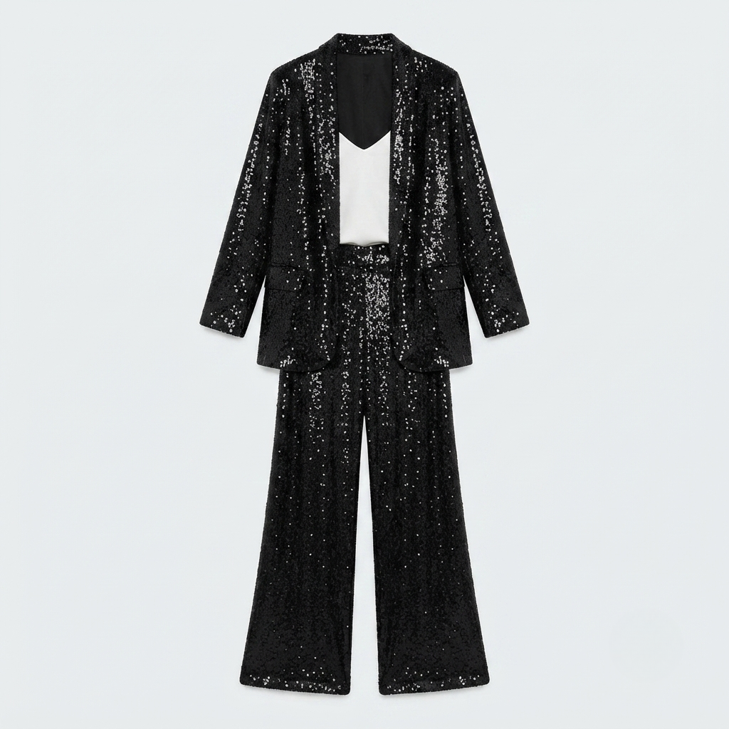 Romilly Longline Sequin Cardigan And Trouser Set - Black