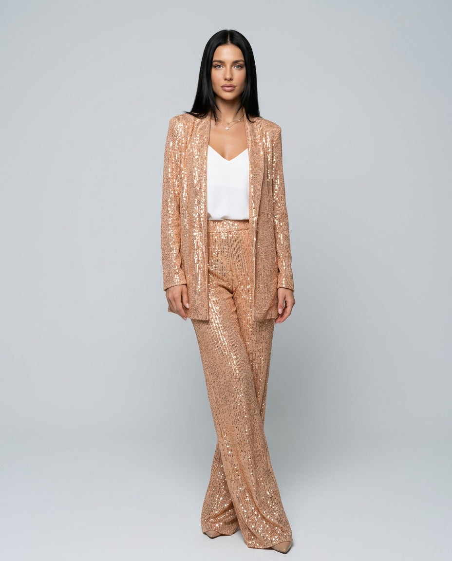 Romilly Longline Sequin Cardigan And Trouser Set - Apricot