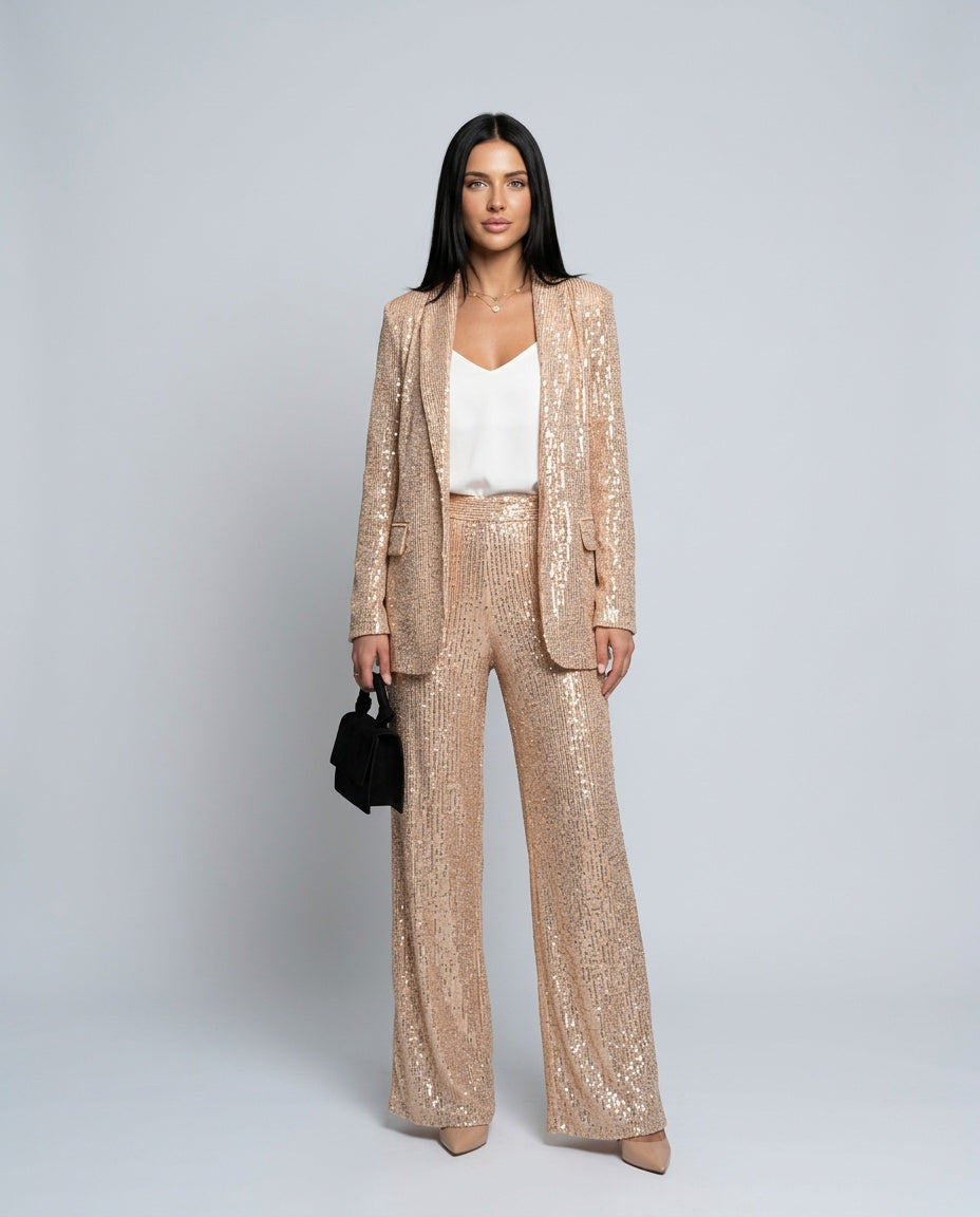 Romilly Longline Sequin Cardigan And Trouser Set - Apricot