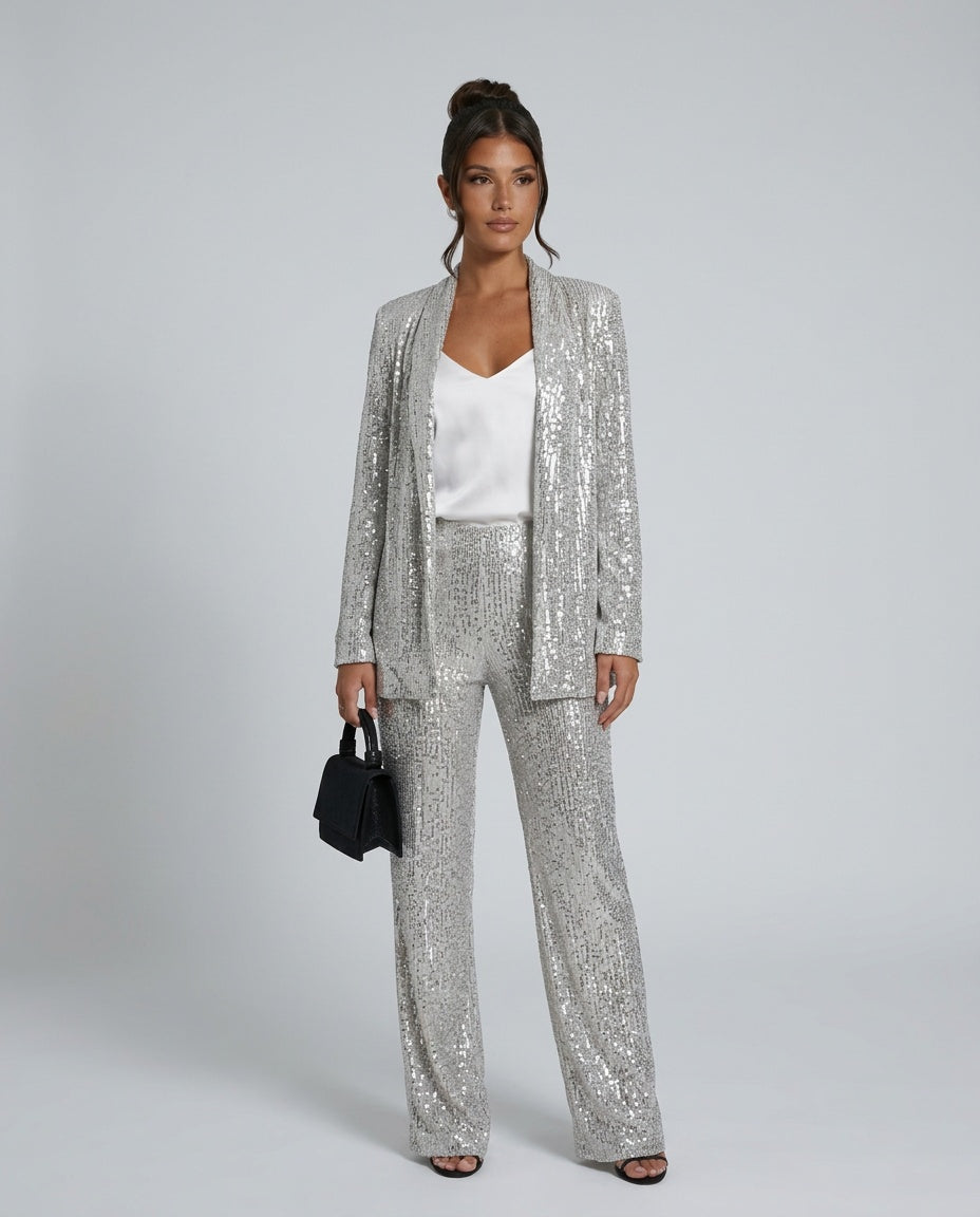 Romilly Longline Sequin Cardigan And Trouser Set - Silver