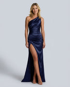 Romy One Shoulder Ruched Satin Sheen Maxi Dress - Navy