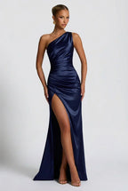 Romy One Shoulder Ruched Satin Sheen Maxi Dress - Navy
