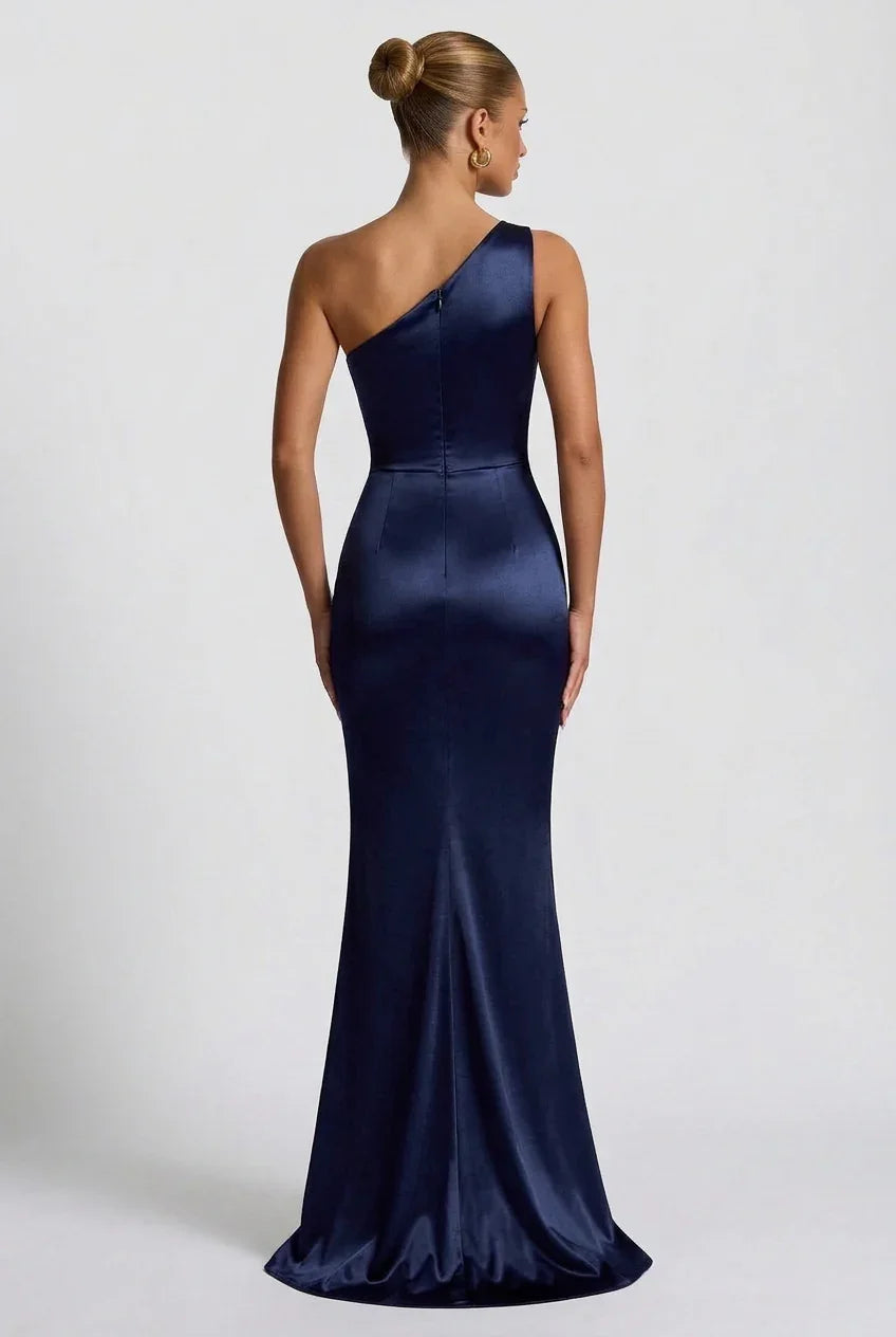 Romy One Shoulder Ruched Satin Sheen Maxi Dress - Navy