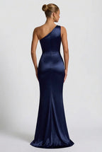 Romy One Shoulder Ruched Satin Sheen Maxi Dress - Navy