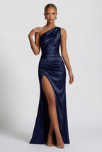Romy One Shoulder Ruched Satin Sheen Maxi Dress - Navy