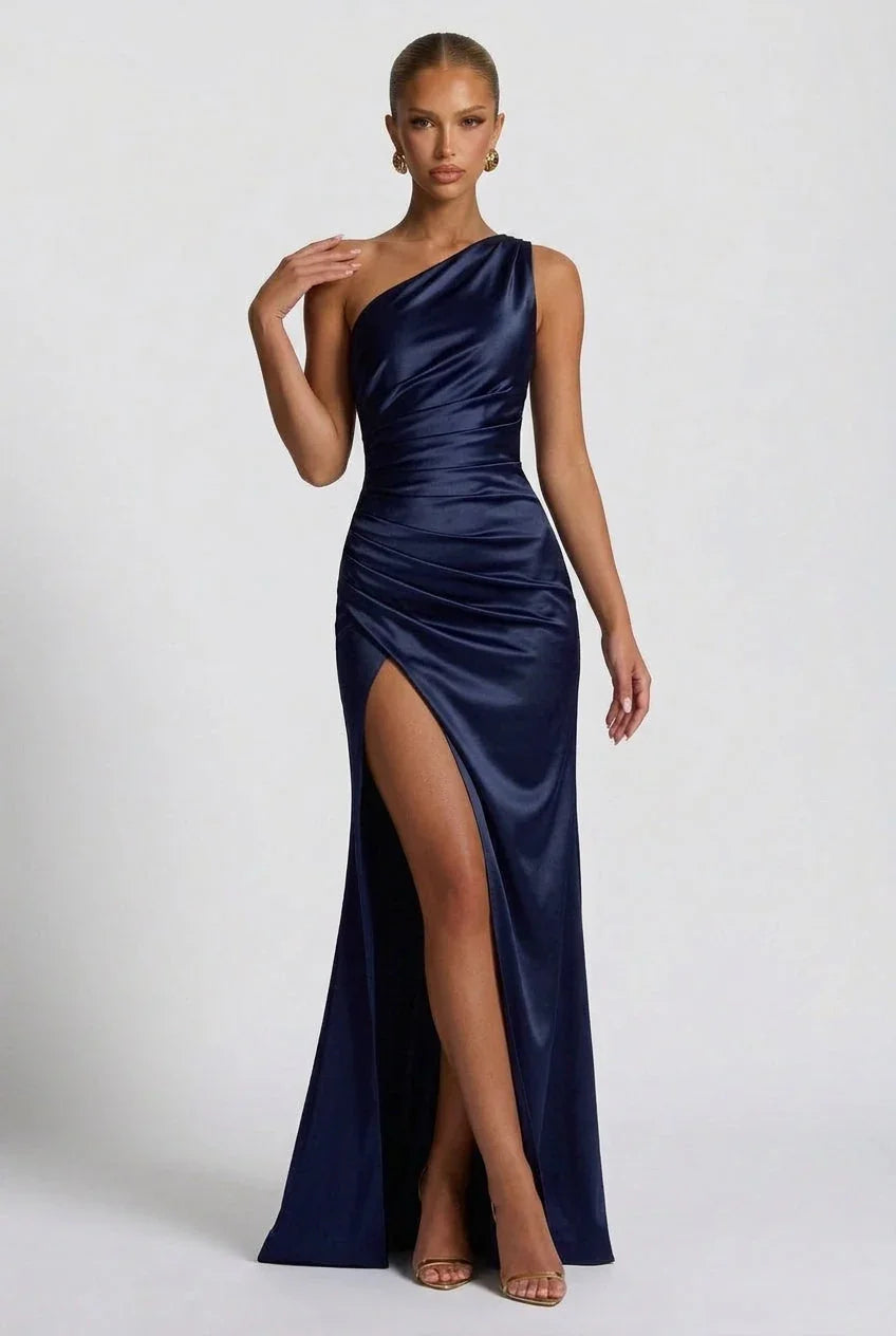 Romy One Shoulder Ruched Satin Sheen Maxi Dress - Navy