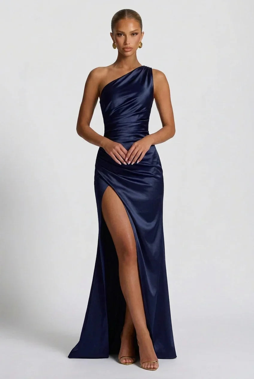 Romy One Shoulder Ruched Satin Sheen Maxi Dress - Navy