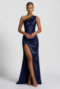 Romy One Shoulder Ruched Satin Sheen Maxi Dress - Navy