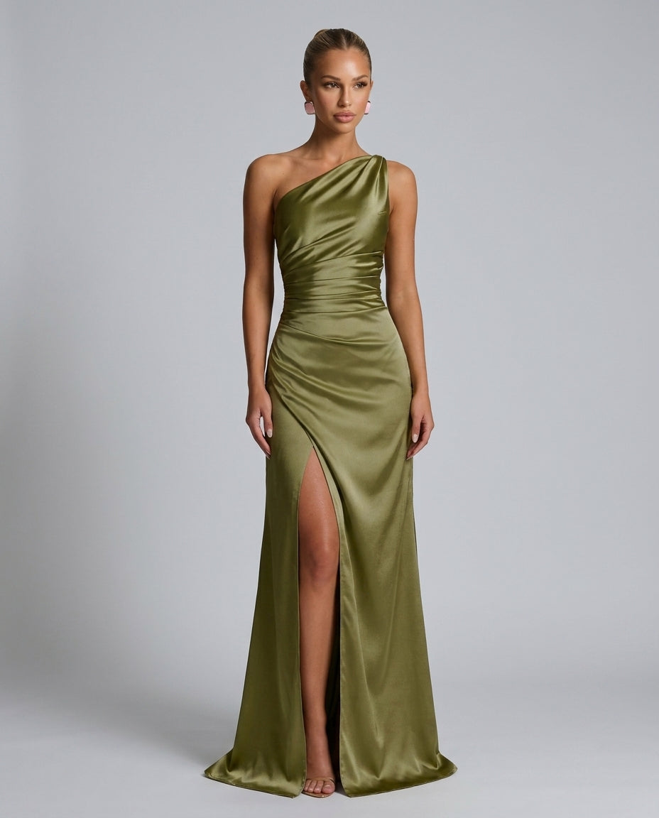 Romy One Shoulder Ruched Satin Sheen Maxi Dress - Green
