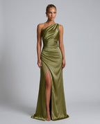 Romy One Shoulder Ruched Satin Sheen Maxi Dress - Green